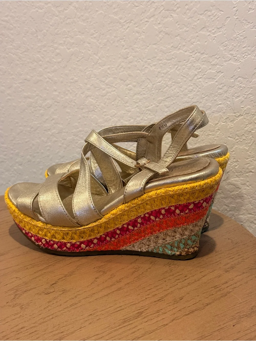Eric Javits Metallic Gold Strappy Wedge Sandals with Colorful Espadrille Heel